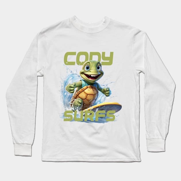 Aquatic Glide Waves Surfing Tee "Cody Surfs" Long Sleeve T-Shirt by cusptees